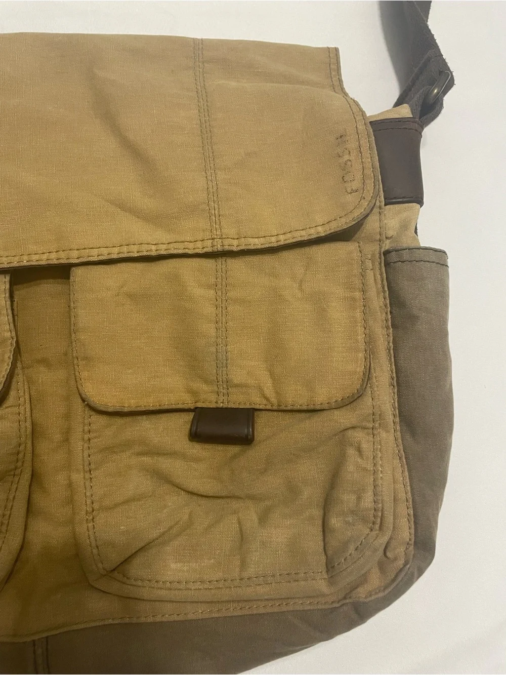 Vintage Fossil Tan Canvas Messenger Bag with Leather Trim Y2K Style